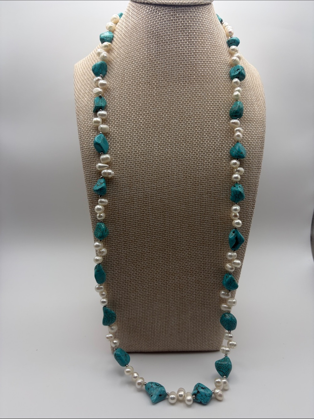 Genuine Freshwater Pearl, Faux Turquoise Necklace - Picture 2 of 5